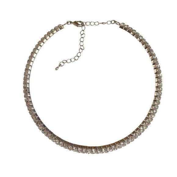 Rhinestone Choker Necklace Silver Tone Prong Set Lobster Clasp Adjustable Length - Picture 4 of 8